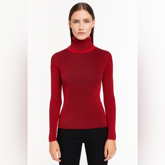 Sandro Red Black Ribbed Knit Turtleneck Sweater Medium | Luxury Fall Winter - Picture 10 of 10